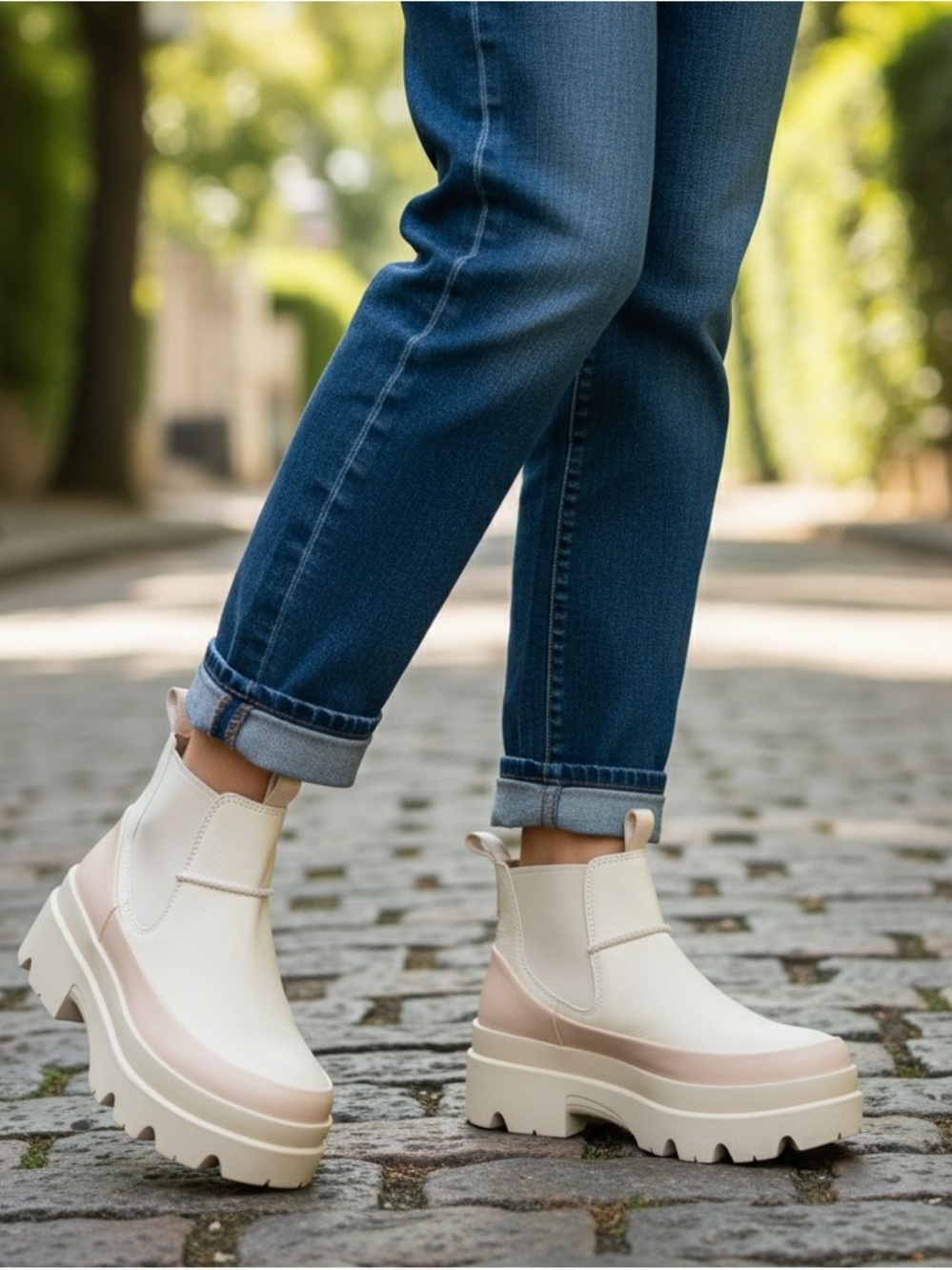UGG Cream and Light Tan Platform Chelsea Boots